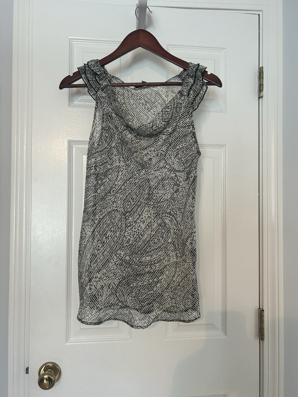 Quintessential Womens S Gray Sheer Cowl Neck Ruffle Sleeve Abstract Blouse